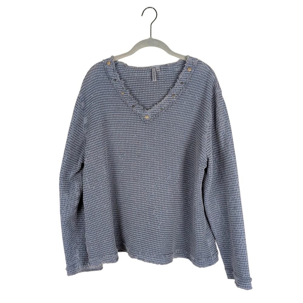 Focus Gray Blue Thick Waffle Knit Rough Hem Cotton Blouse‎ XL Lagenlook Boho